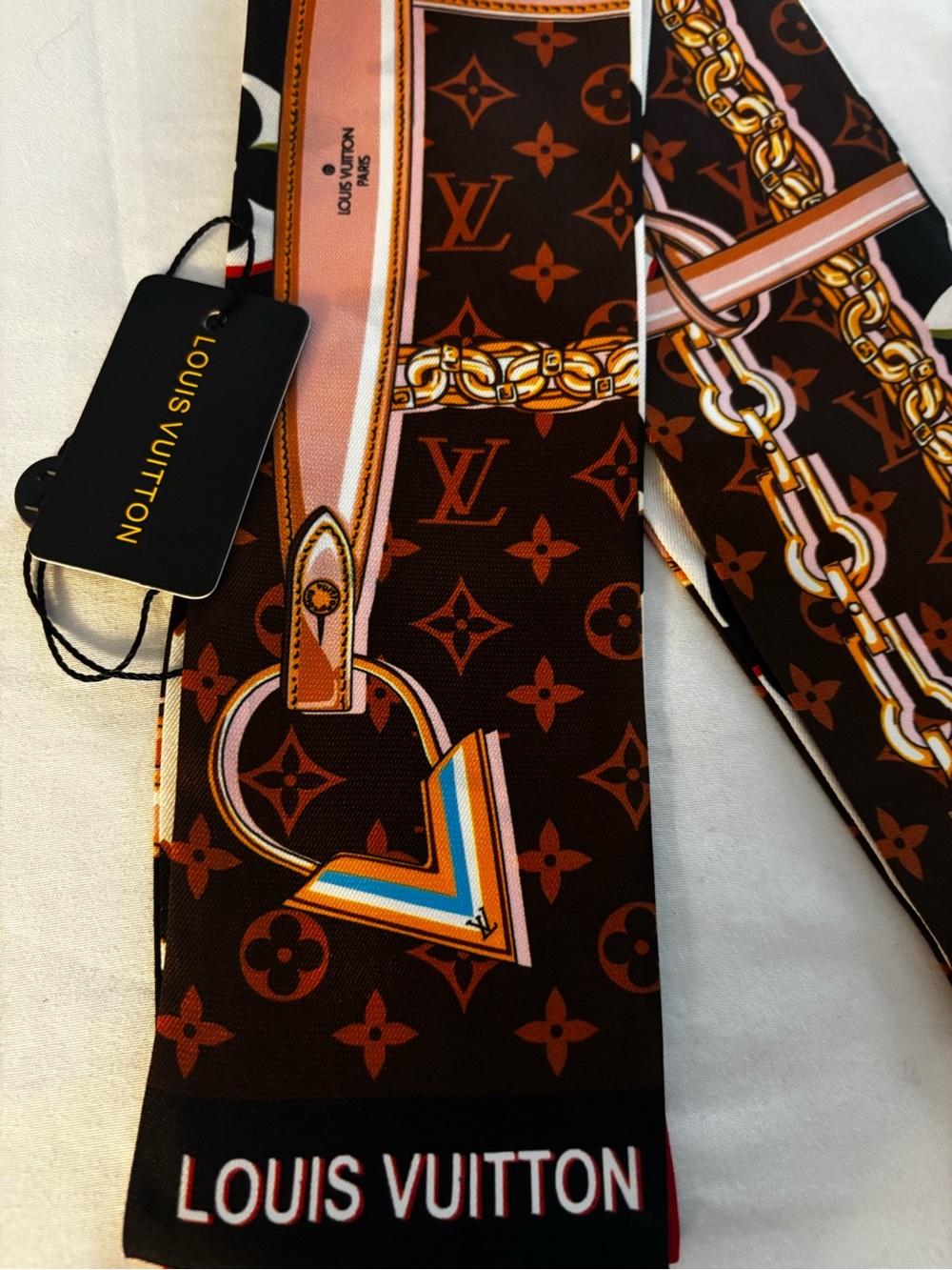 Brown, Pink & Gold Monogram Silk Twilly - Picture 2 of 4